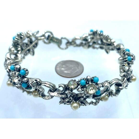 Vintage Star Jewelry Marked Bracelet Faux Pearl Turquoise Rhinestone 7 1/4" long - Picture 5 of 6